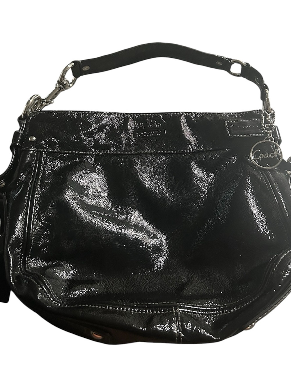 Coach Black Patent Leather Shoulder Bag with Silver Hardware